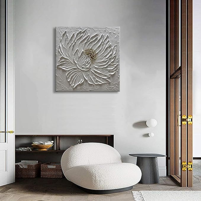 Slyart Handmade White 3D Floral Canvas Wall Art 24x24 Inches Abstract Flower Paintings Modern Contemporary Texture Wall Art White Artwork for Home Decorations