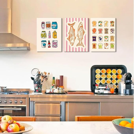 Cute Funny Kitchen Wall Art Set of 3, Fashion Breakfast Food Avocado Toast Canvas Prints Poster, Vintage Simple Sardines Watercolor Picture for Dining Room Kids Room Wall Decor 12x16 Inch Framed
