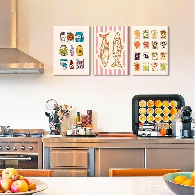 Cute Funny Kitchen Wall Art Set of 3, Fashion Breakfast Food Avocado Toast Canvas Prints Poster, Vintage Simple Sardines Watercolor Picture for Dining Room Kids Room Wall Decor 16x24 Inch Framed