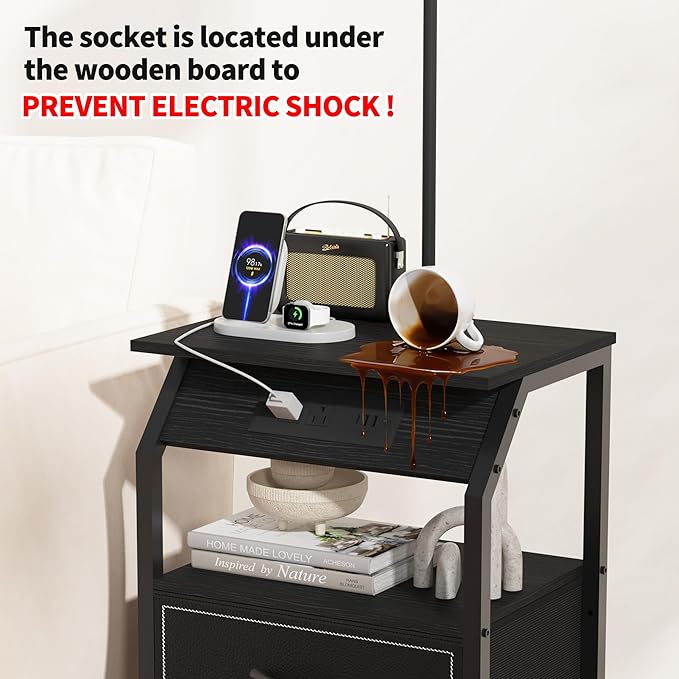 End Table with Floor Lamp, Nightstand with Charging Station, Floor Lamp Table with 3-Color Temperature Bulb, Bedside Table Night Stand with 2 Drawers for Bedroom, Living Room, Black
