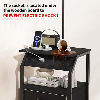 End Table with Floor Lamp, Nightstand with Charging Station, Floor Lamp Table with 3-Color Temperature Bulb, Bedside Table Night Stand with 2 Drawers for Bedroom, Living Room, Black