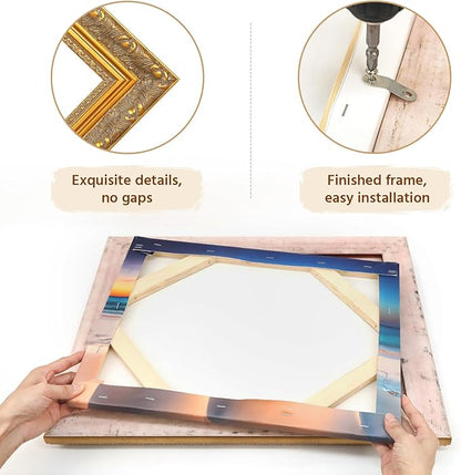 Open Back Wood Frame for 8x8” Canvas Paintings, 2.4” Wide Ornate Art Frame for Stretched Canvas Prints Artwork, Gold Wall Decor for Home Office Gallery, No Plexiglass & Backing Board