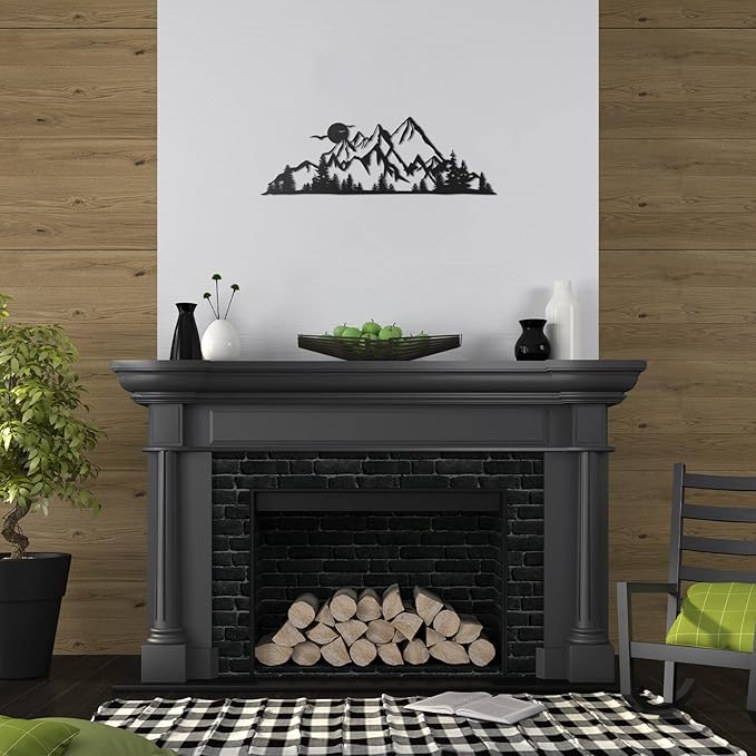 Demissle Metal Mountain Wall Art Blue Ridge Mountain Wall Decor Nature Forest Tree Sticker 15.7 x 5.3 Inch Summit Rustic Sign Scene Art Decor for Home Living Room Bedroom Indoor Outdoor(Black)