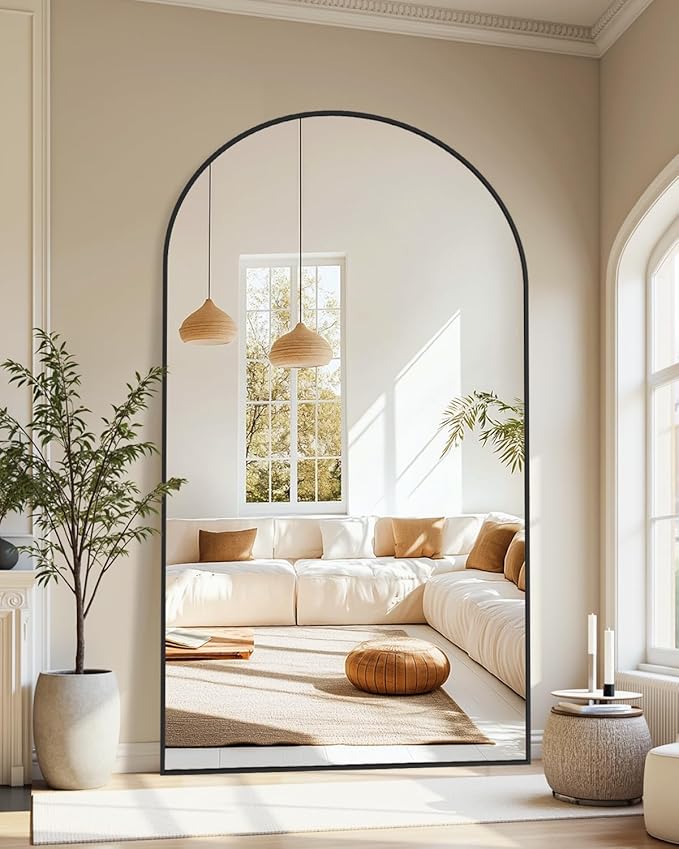 46"×90" Arched Full Length Floor Mirror, Standing Mirror with Aluminum Frame, Large Body Mirror of Free Standing/Wall Mount/Leaning for Bedroom, Living Room, Dressing Room, Black
