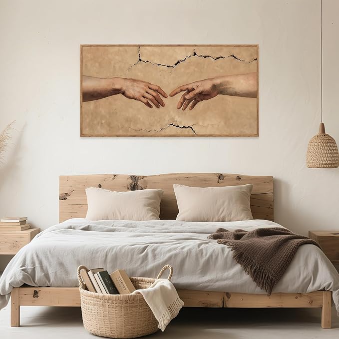 Aurlan The Creation of Adam Framed Wall Art(40"x20"), Large Christian Religious Hands of God Canvas Artwork, Classic Earth Tone Michelanglo Graffiti Street Art Decor for Home Office Bedroom