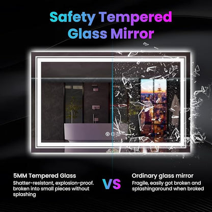 Snowdool LED Mirror for Bathroom, 72"X36" with 8 RGB Backlit +3 Front Lit (Adjustable Individually), Anti-Fog, Large Lighted Bathroom Vanity Mirror for Wall,Shatterproof,Memory Function,Tempered Glass