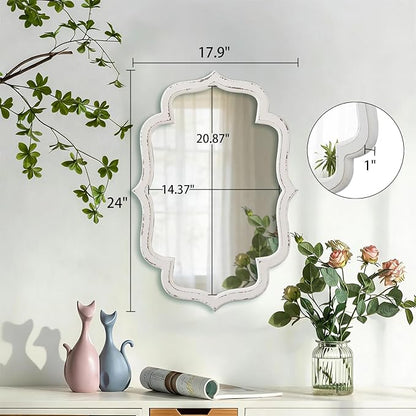 Rustic Scalloped Oval Mirrors for Bathroom 18 X 24 Inch, Hanging Distressed White Wooden Framed Vintage Mirrors for Wall Decor Living Room, Farmhouse Wavy Entryway Wall Mirror Decorative