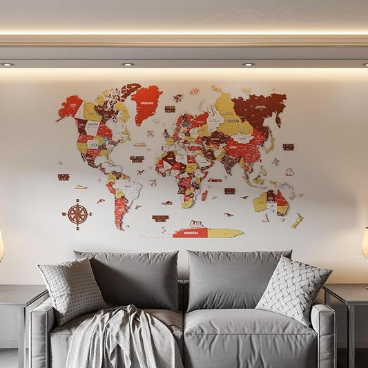 Colorfull Worlds 3D Wooden World Map Wall Art - Premium Multicolored World Travel Art for Wall Decor with Push Pins- Ideal Housewarming Gift & Travel Tracker (Large, Terracota)