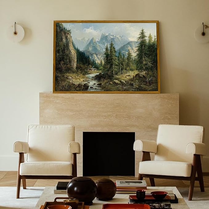 crmotu Landscape Framed Wall Art, Mountain Forest Canvas Art Prints, Pine Tree Vintage Oil Paintings, Riverside Rustic Farmhouse Decor Large Artwork, Wall Pictures for Living Room Bedroom 24x36in