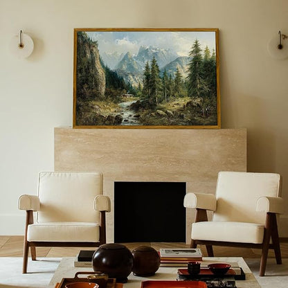 crmotu Landscape Framed Wall Art, Mountain Forest Canvas Art Prints, Pine Tree Vintage Oil Paintings, Riverside Rustic Farmhouse Decor Large Artwork, Wall Pictures for Living Room Bedroom 24x36in