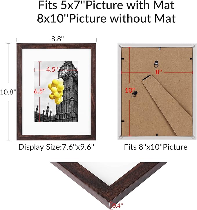 8X10 Brown Picture Frame Set of 6, Collage Wall Decor, Display Pictures 5x7 with Mat or 8x10 Without Mat for Tabletop Display and Wall Mounting