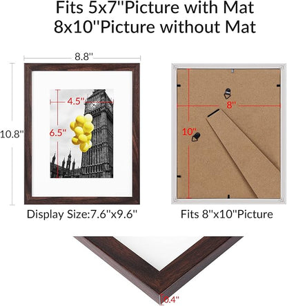 8X10 Brown Picture Frame Set of 6, Collage Wall Decor, Display Pictures 5x7 with Mat or 8x10 Without Mat for Tabletop Display and Wall Mounting