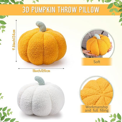 Kajaia 2 Pcs Simulated Pumpkin Plush Pillow 11 x 9.5 Inch 3D Cushion Fall Decorations Stuffed Throw Pillows Toy for Fall Halloween Thanksgiving Bedroom Sofa Couch Supplies (White,Yellow)