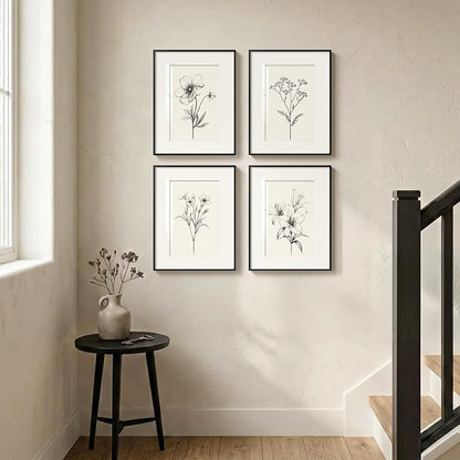 Framed Black and White Floral Wall Art Set, Vintage Minimalist Botanical Prints Artwork for Walls, Neutral Flower Pictures for Modern Farmhouse Bedroom Living Room Bathroom Wall Decor, 12x16 Inch