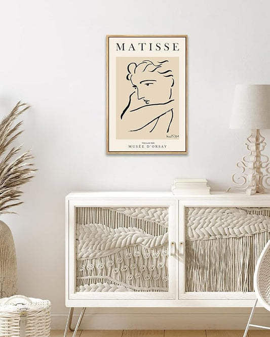 Zzuyi Henri Matisse Framed Wall Art,Black Beige Women Face Line Art,Boho Abstract Art Wall Decor,Matisse Posters for Aesthetic Room Decor-12''x16'' Natural Framed