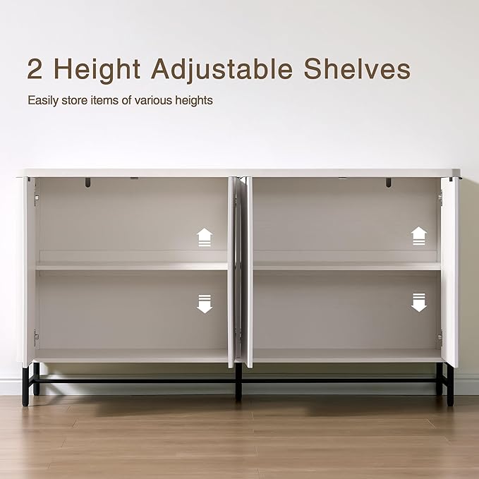 Fatmok 65" Large Sideboard Buffet Cabinet with Storage, Set of 2 Modern Fluted Credenza Accent Coffee Bar Console Tables with Doors & Adjustable Shelves for Living Room or Hallway, White