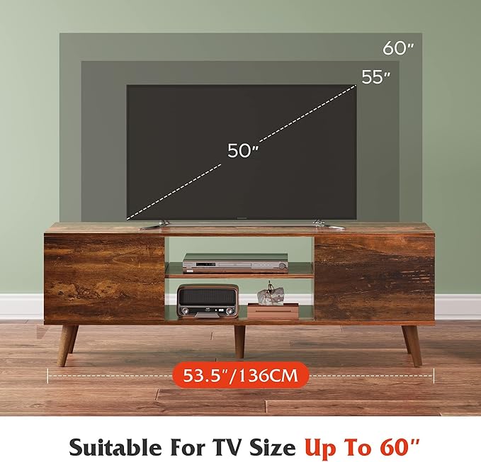 WLIVE TV Stand for 55 60 Inch TV, mid Century Modern Entertainment Center with 2 Cabinets Storage & Adjustable Shelf, Media Console Table for Living Room, Bedroom, Media Furniture, Retro Brown