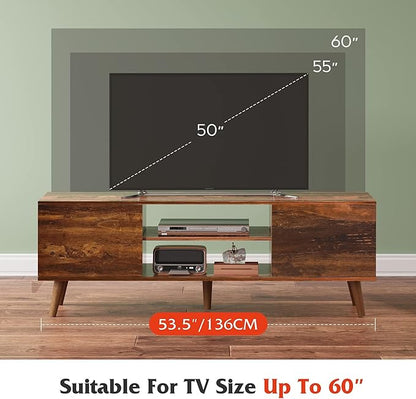 WLIVE TV Stand for 55 60 Inch TV, mid Century Modern Entertainment Center with 2 Cabinets Storage & Adjustable Shelf, Media Console Table for Living Room, Bedroom, Media Furniture, Retro Brown