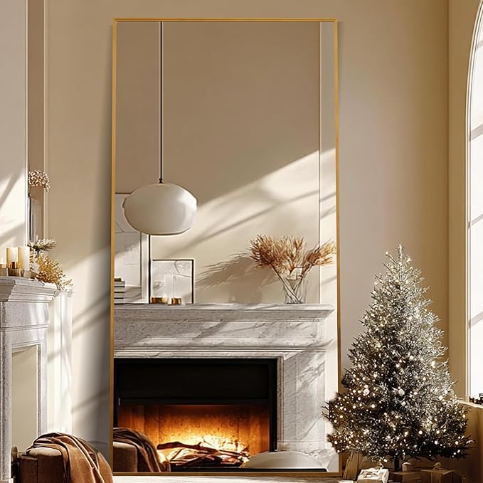 Beauty4U 79" x 39" Full Length Mirror with Stand, Large HD Tempered Glass Floor Mirror, Wall Mounted/Leaning/Standing, Gold Metal Frame Full Body Mirror for Bedroom, Living Room, Dressing Room
