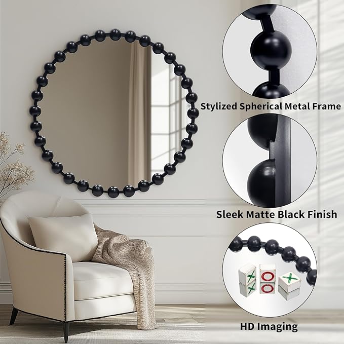 Round Black Mirror 28'', Spherical Frame Round Mirror for Living Room, Beaded Mirror for Bathroom, Dining Roon, Bed Room, Entryway