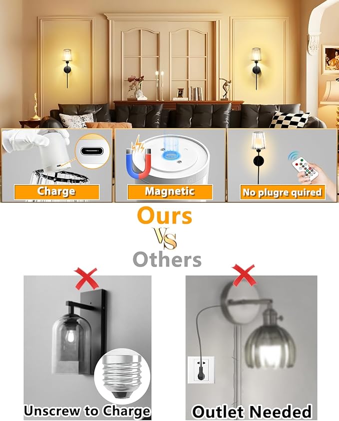 Adetu Crystal Battery Operated Wall Sconce Set of 2, Gold Rechargeable Wall Sconce with 10000mAh Magnetic Bulbs and Remote Control, RGB Dimmable Wireless Battery Wall Lights for Bedroom Living Room