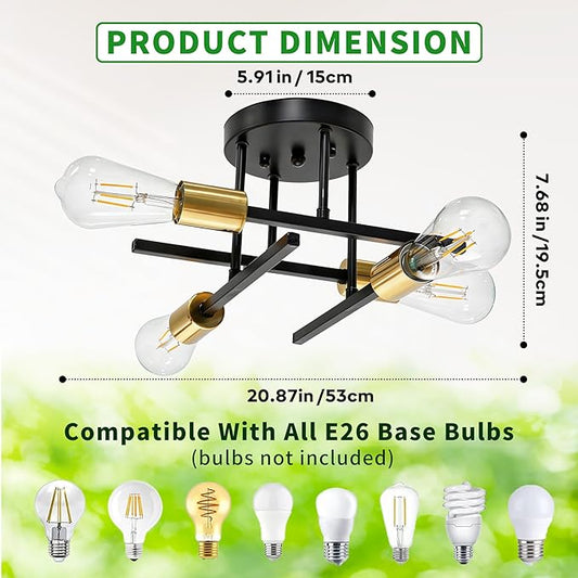 4-Light Sputnik Semi Flush Mount Ceiling Light, 5.9” Canopy, Modern Black and Gold Metal Chandelier, Close to Ceiling Light Fixture with E26 Base for Bedroom, Dining Room, Kitchen, Living Room