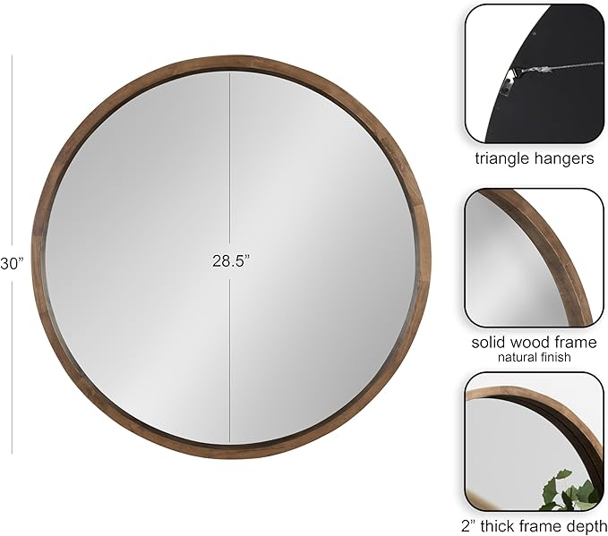 Kate and Laurel Hutton Round Decorative Wood Frame Wall Mirror, 30 Inch Diameter, Natural Rustic