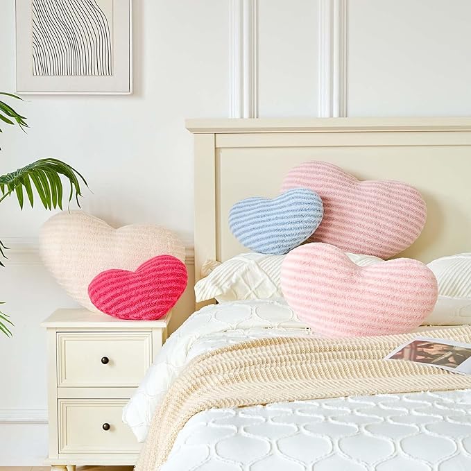 XVTRU Pink Heart Pillows, 19.6" Cute Heart Decorative Pillow, Stripe Heart Shaped Plush Throw Pillows for Bed