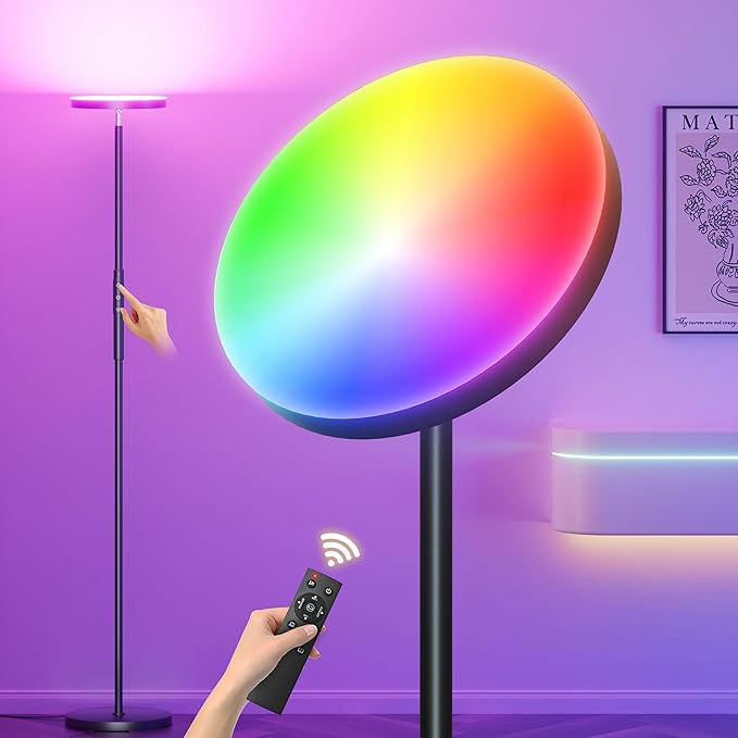 Yikuneng RGB Torchiere Floor Lamps for Living Room, 3600LM 36W Bright LED Standing Lamp with Remote, Modern Color Changing Tall Lamp with Stepless Dimming, 69" Corner Floor Lamp for Bedroom, Office