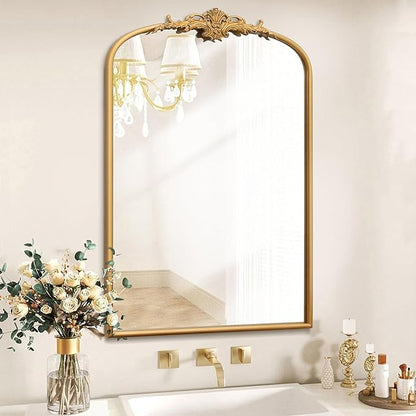 Besdomus Antique Arched Wall Mirror: 24"x36" French Large Arch Gleaming Gold Vintage Wall Mounted Mirror - Traditional Ornate Home Decor for Entryway/Fireplace/Bathroom - Idea for Homemakers