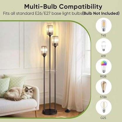Crystal Floor Lamp for Living Room with Shelves, Industrial Modern Standing Black Lamp with Table for Bedroom, Glass Vintage Unique Tall 3-Lights Fancy Lamp with ON/Off Foot Switch
