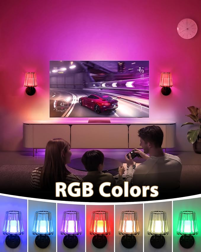 Adetu Crystal Wall Sconces Set of Two, Battery Operated Wall Sconce with 10000mAh Dimmable Magnetic Bulbs and Remote, RGB Rechargeable Wall Lights for Bedroom Living Room Hallway Decor