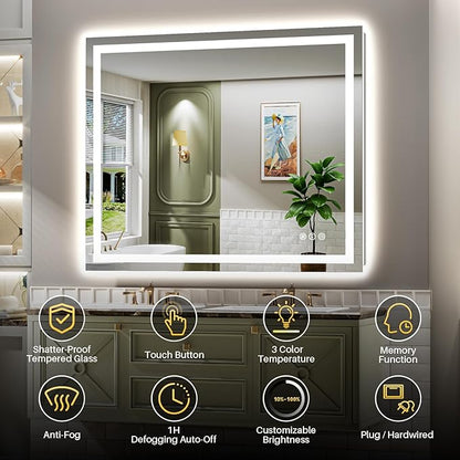 Briivue 48x38 Inch LED Bathroom Mirror with Lights, Backlit & Front Lit, Anti-Fog Lighted Bathroom Vanity Mirror for Wall, Memory Function, Dimmable, HD Tempered Glass, Shatter-Proof