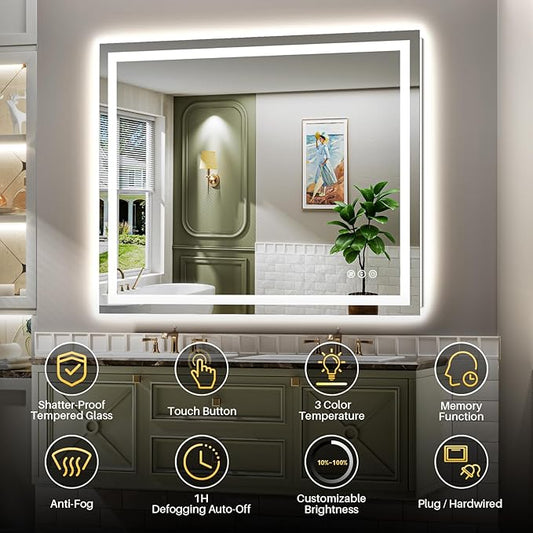 Briivue 48x38 Inch LED Bathroom Mirror with Lights, Backlit & Front Lit, Anti-Fog Lighted Bathroom Vanity Mirror for Wall, Memory Function, Dimmable, HD Tempered Glass, Shatter-Proof