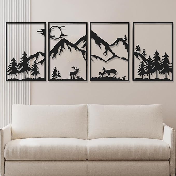 AMAATE Nordic Forest Deer Metal Wall Art Set of 4, Black Iron Animal Silhouette Wall Decor with Mountain and Pine Tree Designs, Minimalist Nature Themed Art for Living Room, Bedroom, Cabin Decor,11" X 14.6"