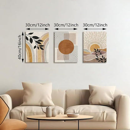 WENGTIAO 3Pcs Boho Orange Desert Canvas Wall Art Colorful Geometric Line Leaf Sun Prints Pictures Paintings Abstract Mid Century Nature Plant Artwork for Living Room Bedroom Office Bathroom 12x16x3