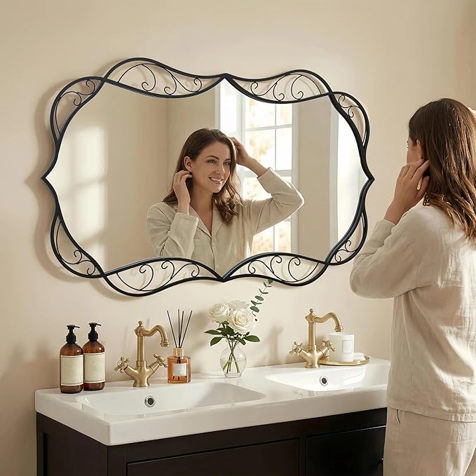 Besdomus Bathroom Black Wall Mirror: 30"x48" Scalloped Modern Large Wall Mounted Vanity Mirror - Farmhouse Decorative Vertical or Horizontal Hanging - Home Decor for Bathroom/Hallway/Fireplace/Bedroom