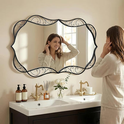 Besdomus Bathroom Black Wall Mirror: 30"x48" Scalloped Modern Large Wall Mounted Vanity Mirror - Farmhouse Decorative Vertical or Horizontal Hanging - Home Decor for Bathroom/Hallway/Fireplace/Bedroom