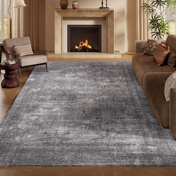 6x9 Area Rugs Light Grey Washable Rug for Living Room, Dining Room, Bedroom, Large Carpets, Non Slip & Non-Shedding Low Pile Vintage Print Rug for Home Office Decor