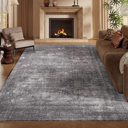 6x9 Area Rugs Light Grey Washable Rug for Living Room, Dining Room, Bedroom, Large Carpets, Non Slip & Non-Shedding Low Pile Vintage Print Rug for Home Office Decor