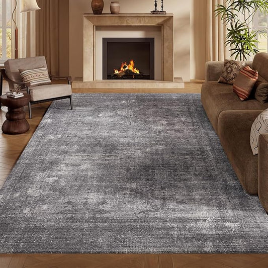 6x9 Area Rugs Light Grey Washable Rug for Living Room, Dining Room, Bedroom, Large Carpets, Non Slip & Non-Shedding Low Pile Vintage Print Rug for Home Office Decor