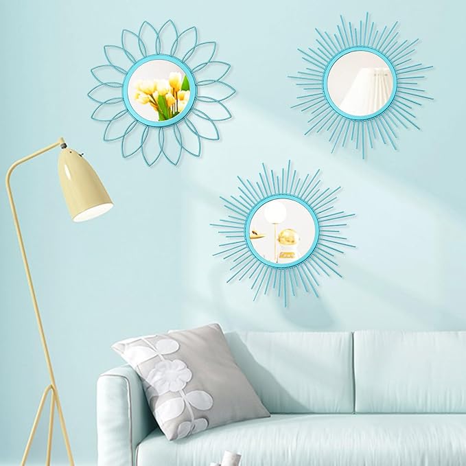 3 Pack Metal Mirrors for Wall Sunburst Wall Mirrors Home Décor Decorative Hanging Wall Art for Living Room Bedroom Entryway (Greenish Blue, Flower+Sunburst)