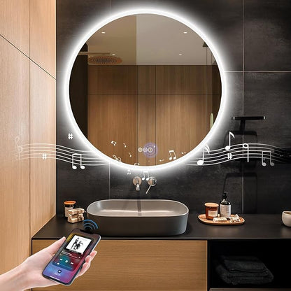 S·BAGNO 32’’ Round Led Bathroom Mirror with Lights, Backlit and Front Lighted, Wall-Mounted Vanity Mirror 3000K/4000K/6500K, Inside Bluetooth Speaker Anti-Fog Dimmable Smart Mirror