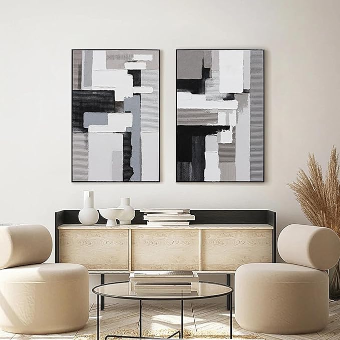 Textured Abstract Wall Art 3D Hand-painted Plaster Neutral Taupe Black White Tones Painting - Distressed Dimensional Minimalist Modern Living Room Bedroom Decor Framed Set of 2-24"x36" Each