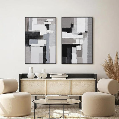 Textured Abstract Wall Art 3D Hand-painted Plaster Neutral Taupe Black White Tones Painting - Distressed Dimensional Minimalist Modern Living Room Bedroom Decor Framed Set of 2-24"x36" Each