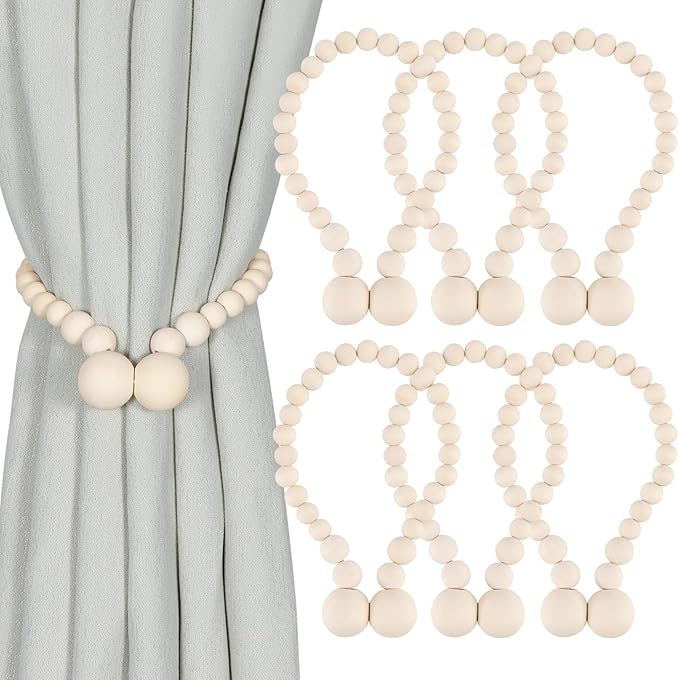 KLOGTSIND Magnetic Curtain Tiebacks, Curtain Tie Backs for Curtains 6 Pack, Wood Bead Curtain Tiebacks, Curtain Holders for Boho Bedroom Decor, Baby Nursery Decor, Farmhouse Decor