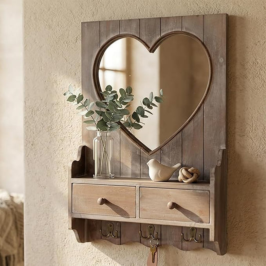 Rustic Farmhouse Wooden Entryway Mirror with Shelf and Hooks, 16"x24" Heart Shape Wood Frame Wall Mirror with Storage Drawer (Distress Brown)