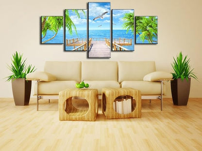 Seagulls Palm Tree Scene Landscape Picture Modern Painting on Canvas 5 Piece Framed Wall Art for Living Room Bedroom Kitchen Home Decor Stretched Gallery Canvas Wrap Giclee Print (60’’W x 32’’H)