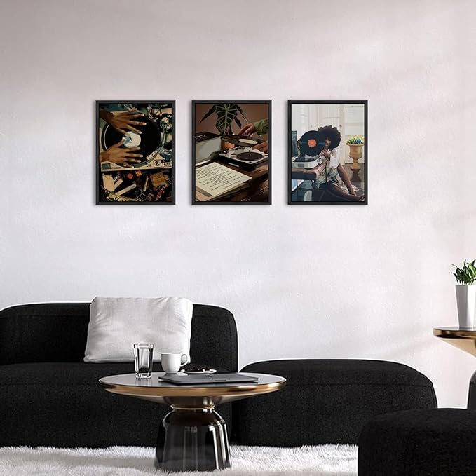 Black Girl Wall Art Decor Modern Black Woman Painting Prints, Set of 3 African American Music Record Player Poster Canvas Artwork for Bedroom Living Room 16x24 inch PS Framed