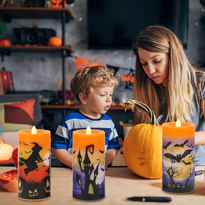 Halloween Flameless LED Candles Battery Operated with Remote and Timer, Real Wax Flickering Pillar Candles Flat Wick Dimmable Light Castle Witch Bats Holiday Decor(3 Pack, 3 x 6 Inches)